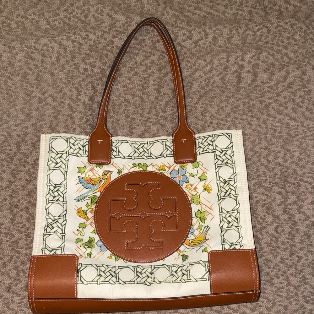 Tory Burch Brown and White Floral Tote